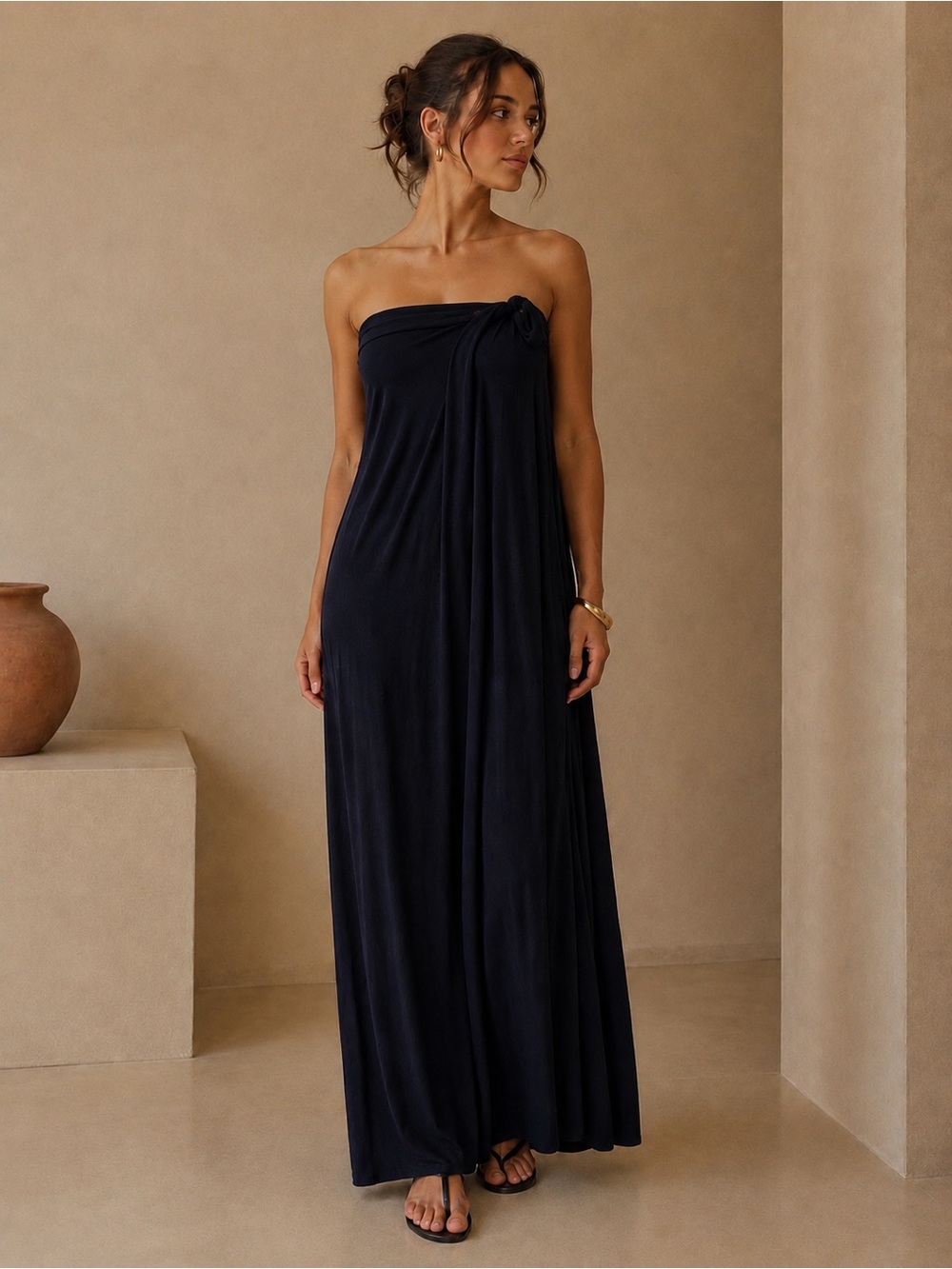 a'gaci Strapless Navy Blue Draped Knot Front Maxi Dress Size Medium